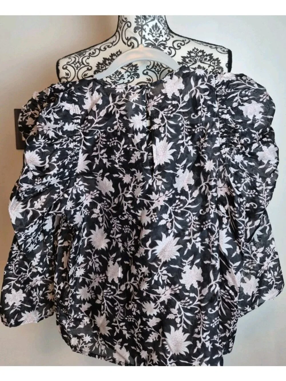 Ulla Johnson Posey Floral Silk Cotton Puff Sleeve Blouse Top Black White Sz 4